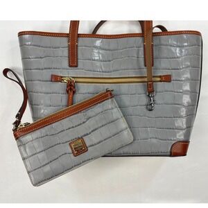 Dooney & Bourke Gray Croc-Embossed Tote with Tan Trim and Wristlet